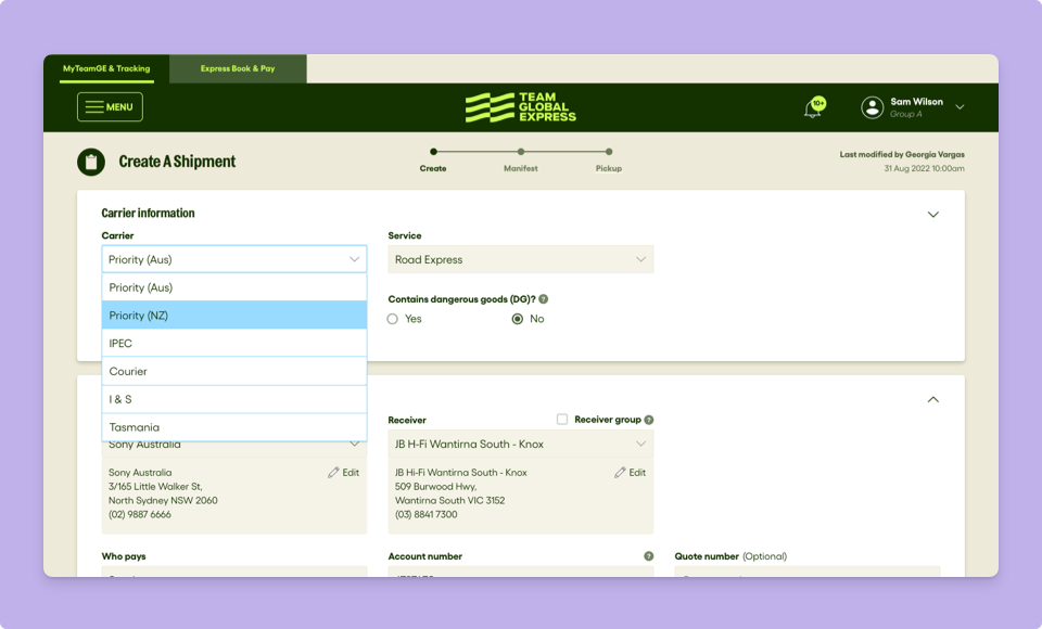 Screenshot of Create A Shipment from MyTeamGE